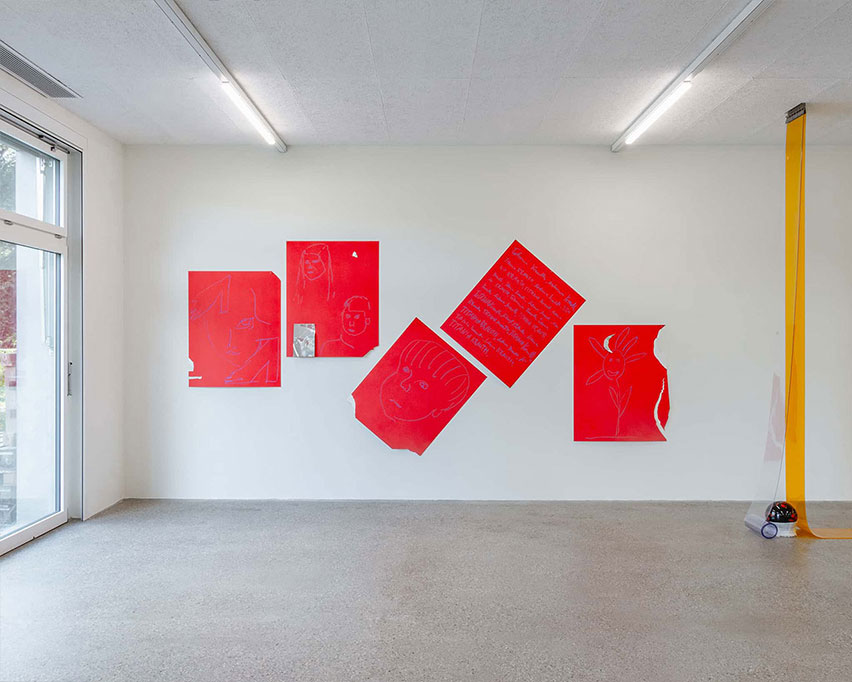5. Vue d’exposition « Our Labor, Our Passion, Our Love »; Moritz Krauth, Auntie Mechtild’s Red
        Threat (Some Thoughts She Told me) part 2, détail, 2023, dessin (pastel à l’huile) sur carton,
        101x81 cm (chacun), CALM – Centre d’Art La Meute, Lausanne, Suisse, 2024 / Photo: Théo
        Dufloo / Courtoisie de l’artiste et CALM – Centre d’Art La Meute.